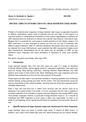 Specific aspects of inspection of large diameter steel ropes. — D. Slesarev, K. Myakushev, I. Shpakov. Proceedings of the OIPEEC-2019, Hague, Netherlands, 12–15 March 2019.